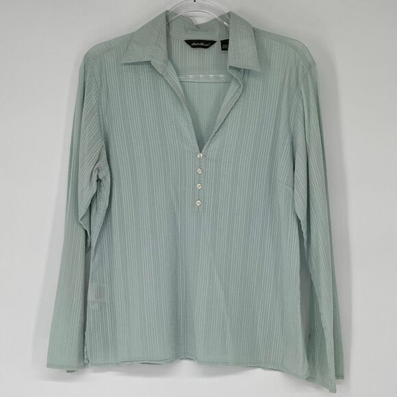 EDDIE BAUER Women’s Long Sleeve Top L Green Textured Cotton Split Neck Button - Picture 2 of 12